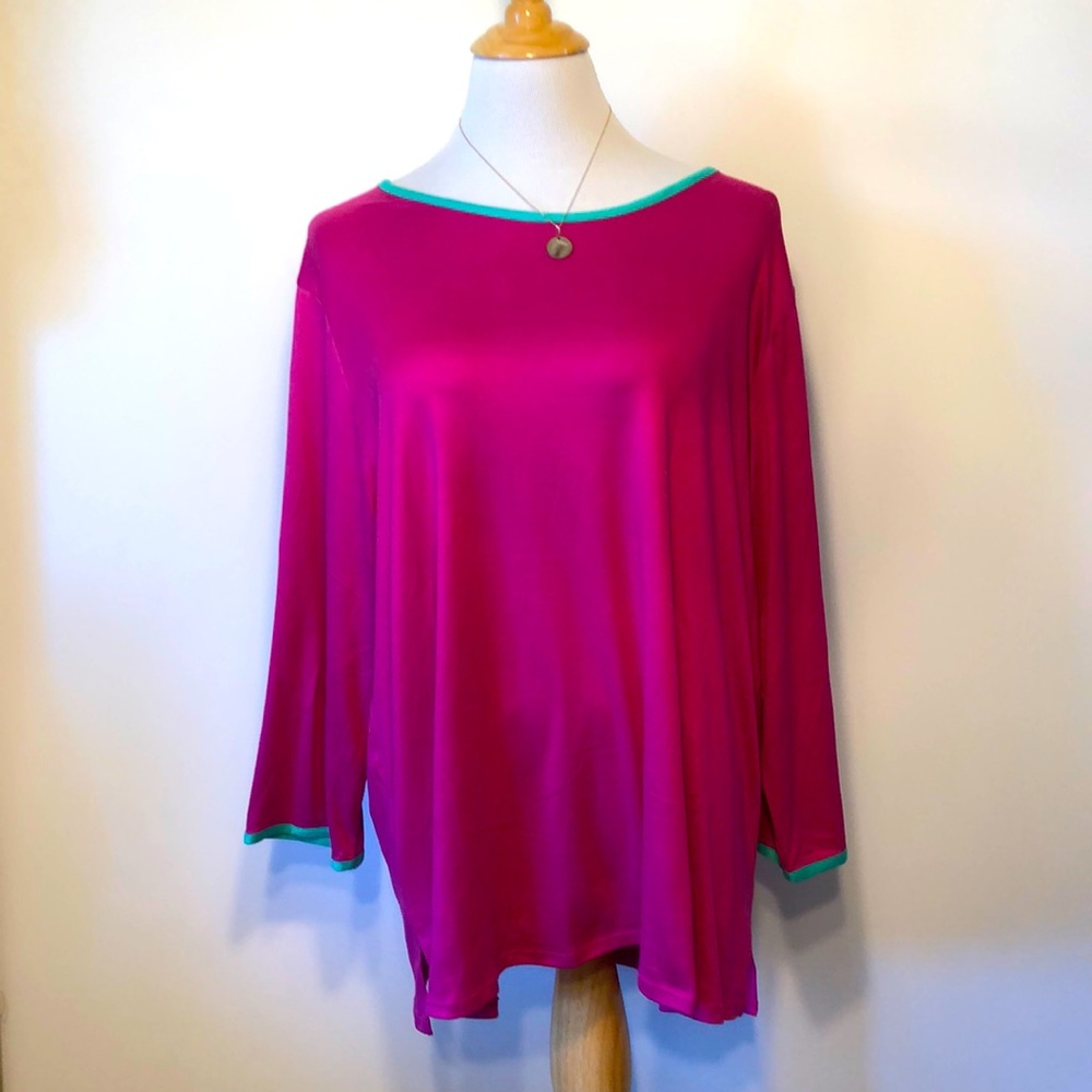 COMFORT CODE-Magenta Hot Pink & Green Lightweight Crewneck Long Sleeve Top 1X